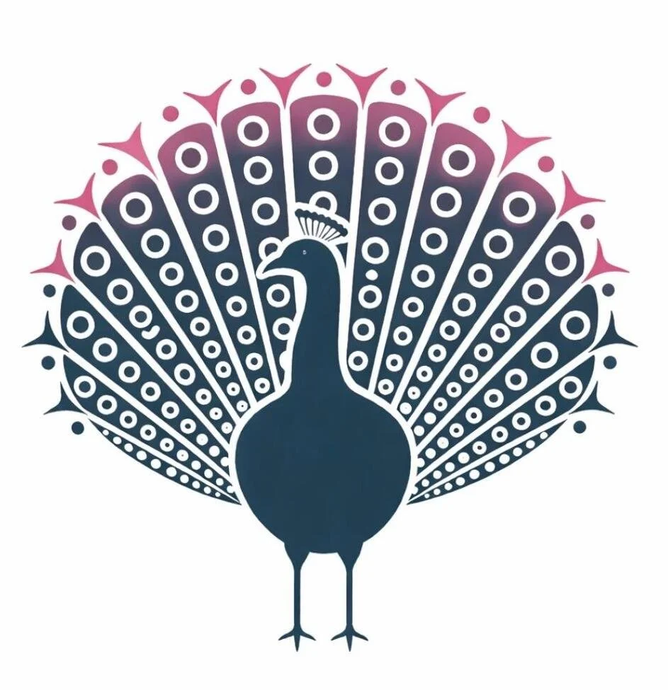 Stylized peacock illustration with a dark blue body, white outline, and an elaborate tail with pink and blue accents.